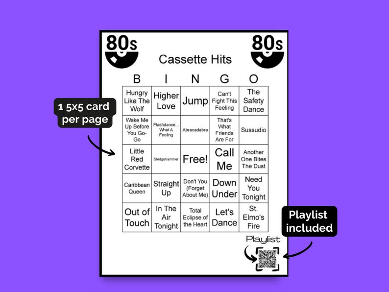 K&ouml;nnte beinhalten: Eine schwarz-wei&szlig;e Bingokarte mit Liedtiteln aus den 1980er Jahren unter der &Uuml;berschrift "80s Cassette Hits". Die Karte enth&auml;lt einen QR-Code f&uuml;r eine Playlist und den Text "Playlist included".