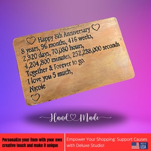 Monedero de bronce personalizado hecho a mano del 8º aniversario Insertar regalo de boda - Regalo personalizado del marido del novio estampado a mano - Personalizado