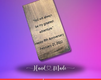 Personalized bronze Bookmark for 8th anniversary -  Handmade anniversary gift for boyfriend - 8th anniversary gift for couple in bronze