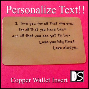 copper wallet Insert,Hand Stamped,Special idea for Lovers