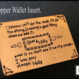 Copper Wallet Insert,Hand Stamped,Unique Design,Anytime Gift For Everyone,Metal Love Idea