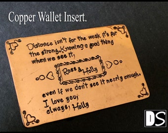 Kupfer, Brieftasche Einsatz, Hand gestempelt, einzigartiges Design, jederzeit Geschenk für jedermann, Metall Liebe Idee