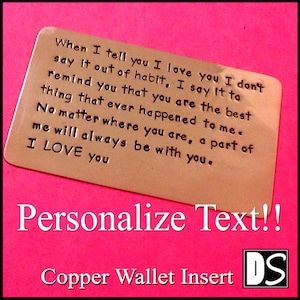 Inserto de billetera de cobre personalizado - estampado a mano - Aniversario de cobre - Idea de regalo para hombres