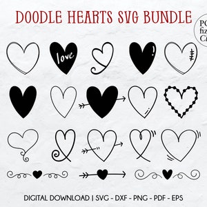May include: A set of 16 black and white doodle heart SVG files. The hearts are in various styles, including simple, with arrows, and with swirls. The text "love" is included in one of the hearts. The text "POP fizz Clink!" is in a circle at the top right of the image.