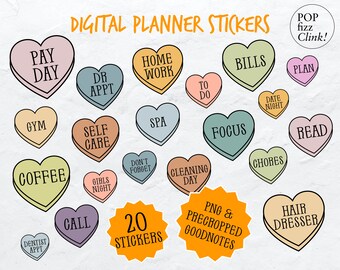 Digital planner stickers, Pre-cropped Goodnotes stickers, Candy hearts everyday digital stickers, Individual digital stickers, Png stickers