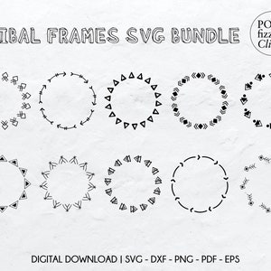 Op de afbeelding: Een set van tien zwarte en witte tribale frame SVG's. De frames zijn rond en hebben verschillende geometrische patronen, waaronder pijlen, driehoeken en stippen.