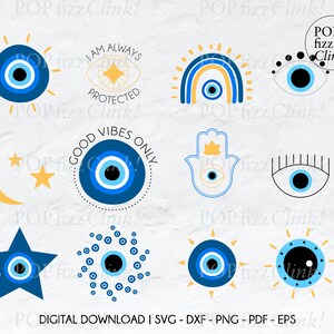 Può includere: Un set di dieci immagini clipart digitali che presentano il simbolo del malocchio in vari design. I design includono un sole, un arcobaleno, una mano di hamsa, una stella, una luna crescente e un cerchio di occhi cattivi. Il testo "Sono sempre protetto" e "Solo buone vibrazioni" è incluso nel design.