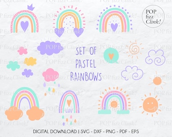 Pastel Rainbow and Sunshine Craft Bundle: svg, pdf, png, dxf, eps files, Kids rainbow clip art set, Rainbow cut file