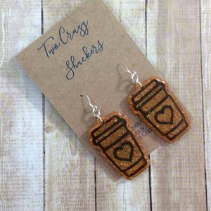 Pumpkin Spice Latte ToGo Coffee Cup Shaped Earrings -  925 Sterling Silver And Resin Earrings -  Pumpkin Orange And Brown Coffee Earrings