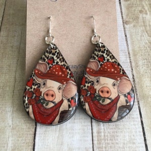 Pig Earrings, Sublimation Teardrops, 925 Sterling Silver, Resin Domed, Double Sided