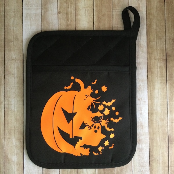 Spooky Jack-O-Lantern Potholder -  Kitchen Oven Mitts/Pot Holders - Housewarming Gifts - Ghost & Bats Pot Mitts