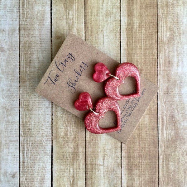 Heart Dangle Earrings - 925 Sterling Silver And Resin Earrings - Resin And Mica Earrings - Double Heart Berry Pink Dangle Studs