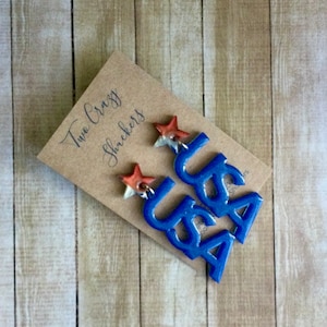 USA Earrings - 925 Sterling Silver And Resin Earrings - Resin And Mica Earrings - Patriotic Earrings - July 4th Earrings