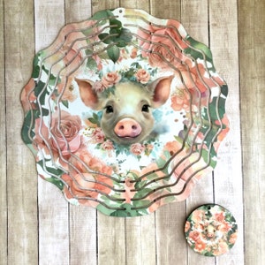 Pig Floral Wind Spinner - Pig Wind Spinner - 8 Inch Wind Spinner - Handmade Wind Spinner - 8” Wind Spinner