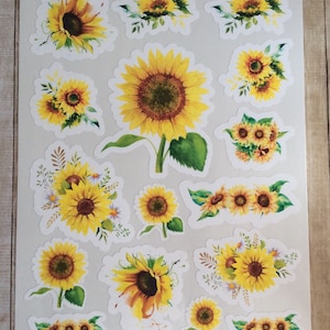 Watercolor Sunflowers Themed Sticker Sheet, for Paper Crafting, Scrap Booking, Junk Journals, Journals, Waterproof Vinyl