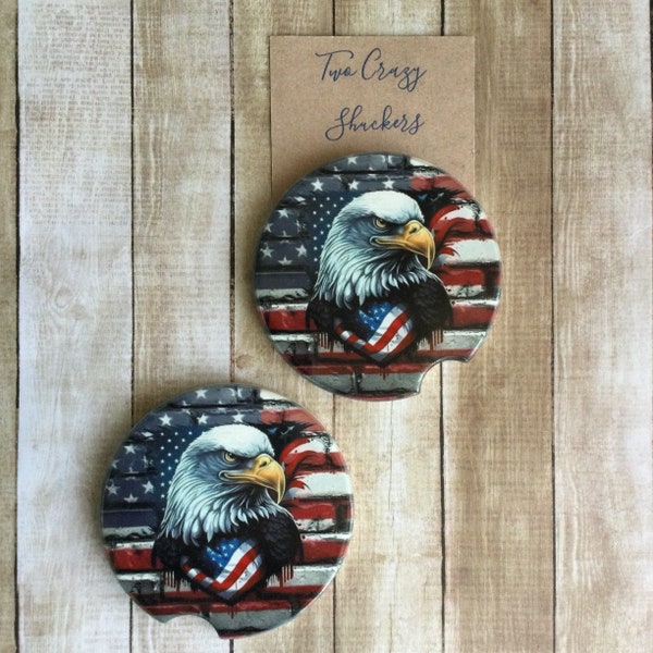 Patriotic Car Coasters - American Bald Eagle Flag Coaster Set - Glossy Sandstone Car Coaster Set - Absorbent Cup Holders