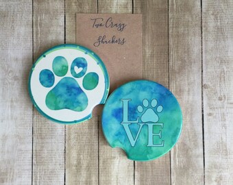 Dog Love Design Car Coaster Set-Glossy Sandstone Car Coaster Set- Dog Paw Car Coasters-Absorbent Cup Holders