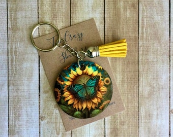 Butterfly Keychain - Butterfly And Sunflower Keyring - Double Sided Keychain