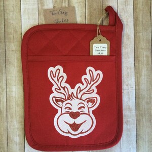 Reindeer Potholder -  Kitchen Oven Mitts/Pot Holders - Housewarming Gifts - Christmas Kitchen Decor - Red Glitter And White Potholder