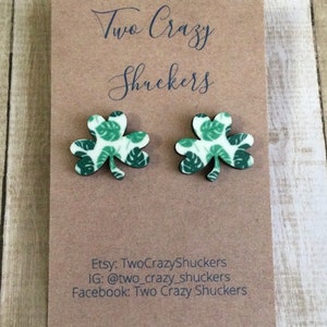 Shamrock Earrings - Shamrock Studs - Green And White Shamrock Earrings - Monstera Leaf Print Earrings- Green And White Shamrocks