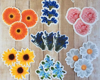May include: Assortment of colorful flower stickers, including purple lilac, blue forget-me-nots, pink peonies, orange gerbera daisies, yellow sunflowers, and white daisies.