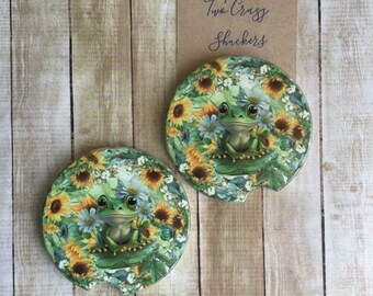 Posavasos de rana para coche - Juego de posavasos de rana y girasol - Posavasos de rana verde para coche - Portavasos absorbentes - Posavasos de piedra para coche