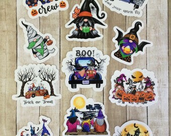 Gnomo, Halloween, espeluznante, vacaciones, paquete de pegatinas, vinilo totalmente resistente al agua, laminado, pegatinas de Halloween, pegatinas de gnomos