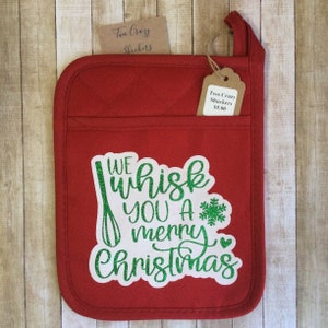 We Whisk You A Metry Christmas Potholder -  Kitchen Oven Mitts/Pot Holders - Christmas Kitchen Decor - Green Glitter And White Potholder