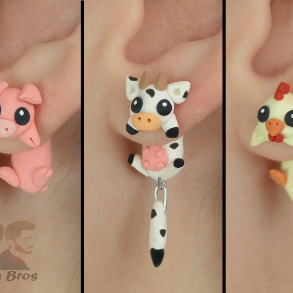 Boucles d'oreilles animaux : Cochon, Lapin, Poule ou Vache, 100% Fait main.