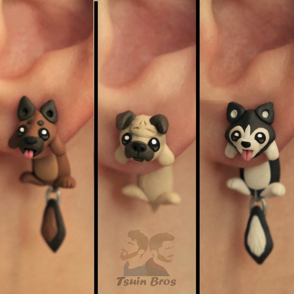 Dog earrings: German Sepherd, Pug and Husky, 100 % Handmade.