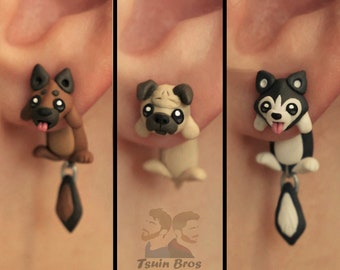 Dog earrings: German Sepherd, Pug and Husky, 100 % Handmade.