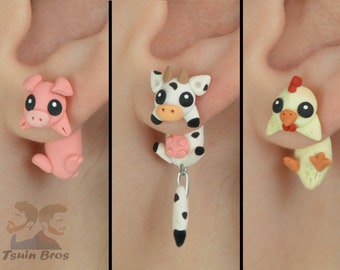 Animal earrings: Pig, Rabbit, Hen or Cow, 100% Handmade.