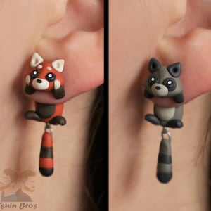 Animal earrings: Red Panda or Raccoon, 100 % Handmade.