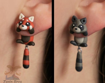 Animal earrings: Red Panda or Raccoon, 100 % Handmade.