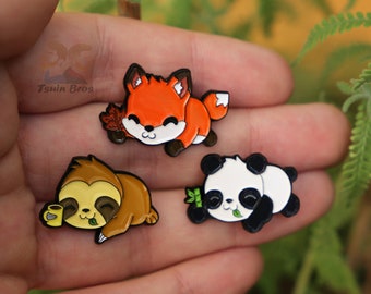 Sloth, Panda or Fox pins. Animal enamel pin.