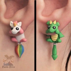 Unicorn and Dragon earrings, 100% Handmade. image 1