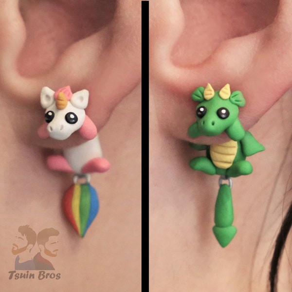 Unicorn and Dragon earrings, 100% Handmade.