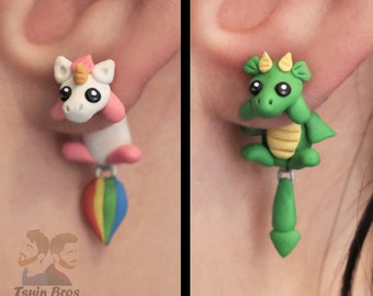 Unicorn and Dragon earrings, 100% Handmade.