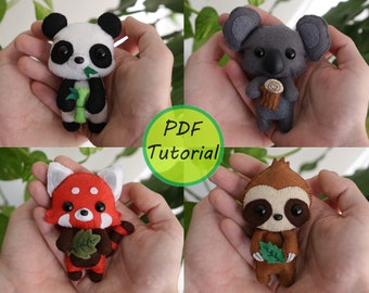 Wilde Tiere: Panda, Koala, Roter Panda und Faultier. PDF-Muster und einfaches Tutorial enthalten.