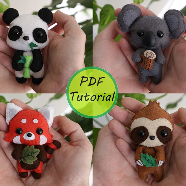 Wild Animals: Panda, Koala, Red panda and Sloth. PDF Pattern and simple tutorial included.