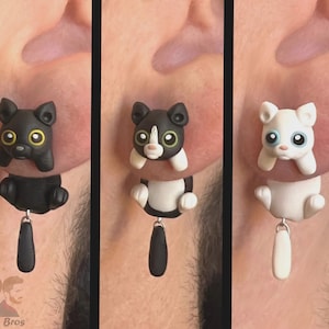 猫のイヤリング：黒、黒と白、または白、100% ハンドメイド。