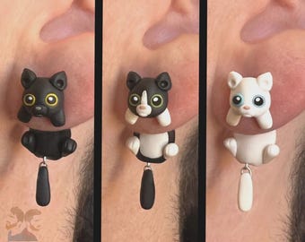 Cat earrings: Black, Black & White or White, 100 % Handmade.