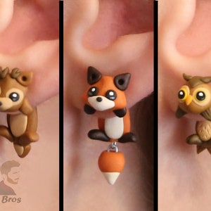 森の動物のイヤリング: 鹿、キツネ、フクロウ、100% 手作り。