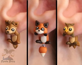 Forest animals earrings: Deer, Fox or Owl, 100 % Handmade.