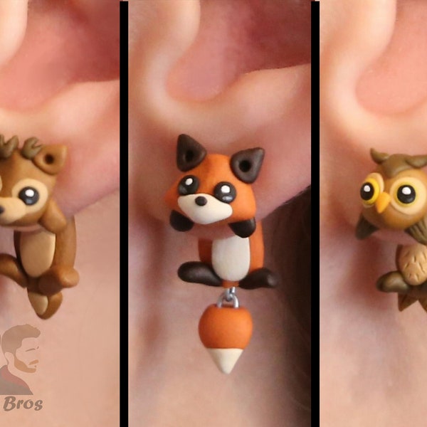 Boucles d'oreilles animaux de la forêt : Cerf, Renard ou Hibou, 100% Fait main.