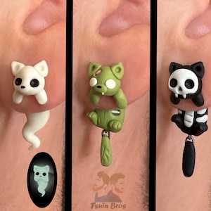 Cat earrings: Zombie, Ghost or Black, 100 % Handmade.
