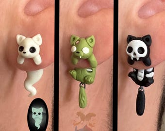 Cat earrings: Zombie, Ghost or Black, 100 % Handmade.
