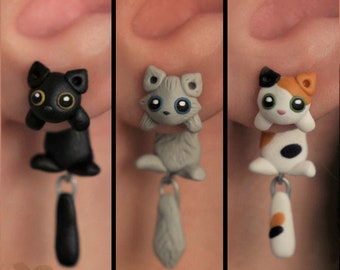 Boucles d'oreilles Chat : Noires, Grises ou Tricolores, 100% Fait Main.