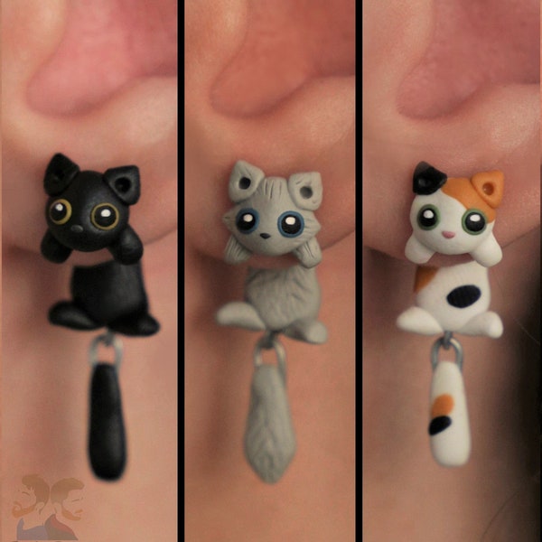 Cat earrings: Black, Grey or Tricolor, 100 % Handmade.