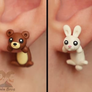Brincos de animais: Urso ou Coelho, 100% feitos à mão.